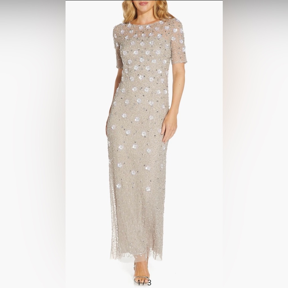Adrianna Papell 3D Floral Beaded Evening Gown in Marble size 8 NWT
